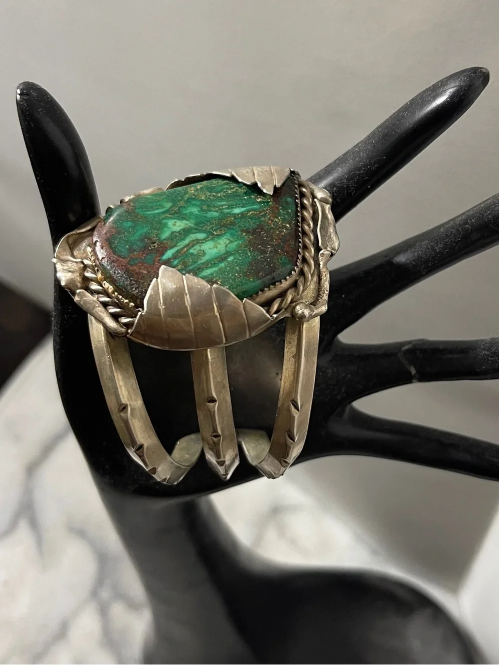 Vtge Cuff Bracelet Handcrafted Sterling Silver Natural Turquoise Green Stone